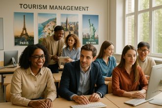 Groupe de jeunes en formation tourisme en classe moderne