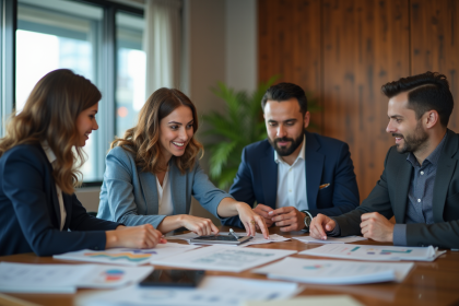 Groupe de professionnels en brainstorming dans un bureau moderne