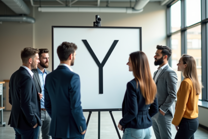 Groupe de jeunes professionnels dans un bureau lumineux discutant autour d'un tableau en forme de Y