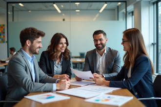 Groupe de professionnels discutant stratégie marketing en réunion