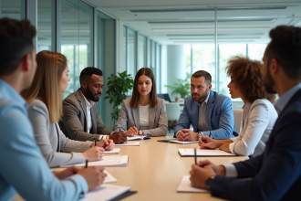 Groupe divers d'adultes en réunion de travail en entreprise