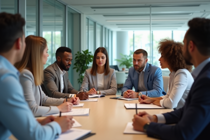 Groupe divers d'adultes en réunion de travail en entreprise