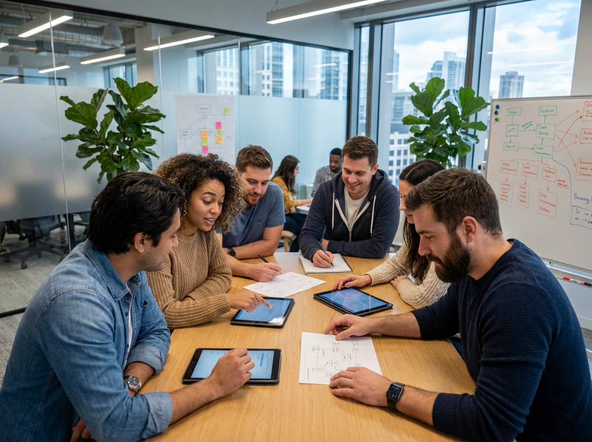 Groupe de jeunes en discussion dans un espace de travail