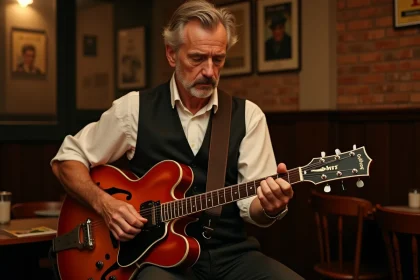 Guitariste manouche jouant l'accord Gm sur une guitare archtop dans un café parisien