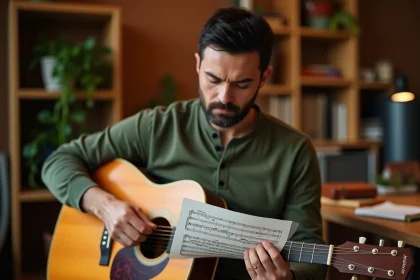 Guitariste lisant une partition guitare imprimée en PDF sur papier, assis avec sa guitare acoustique dans un studio à domicile