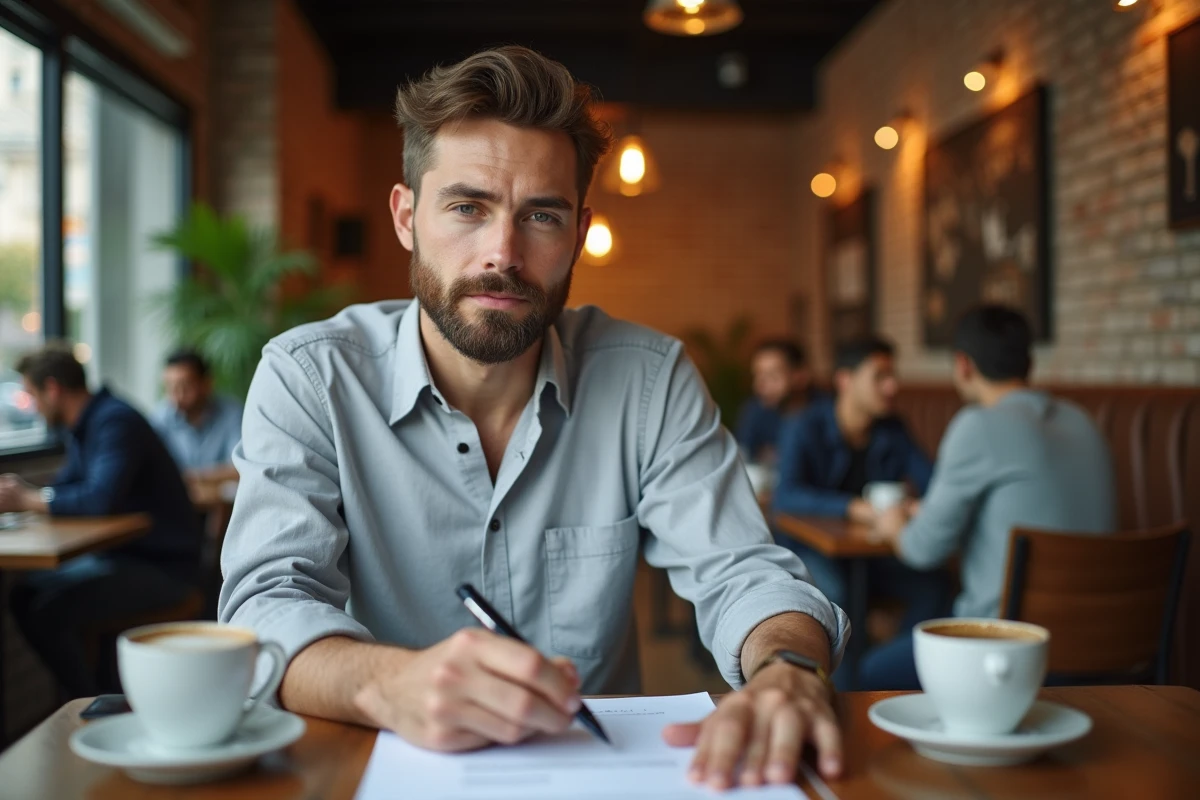 Homme annotatant sa lettre de motivation imprimée dans un café urbain pour une candidature rapide