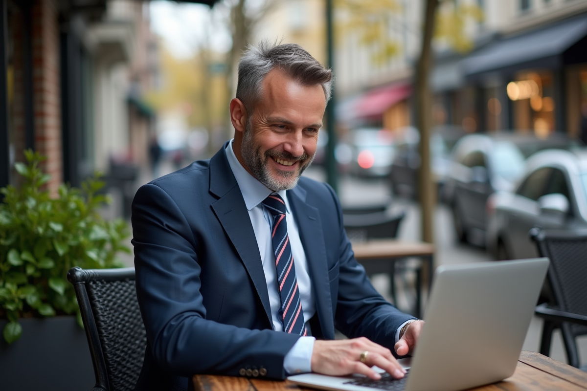 Homme en costume au café en train de travailler sur son ordinateur