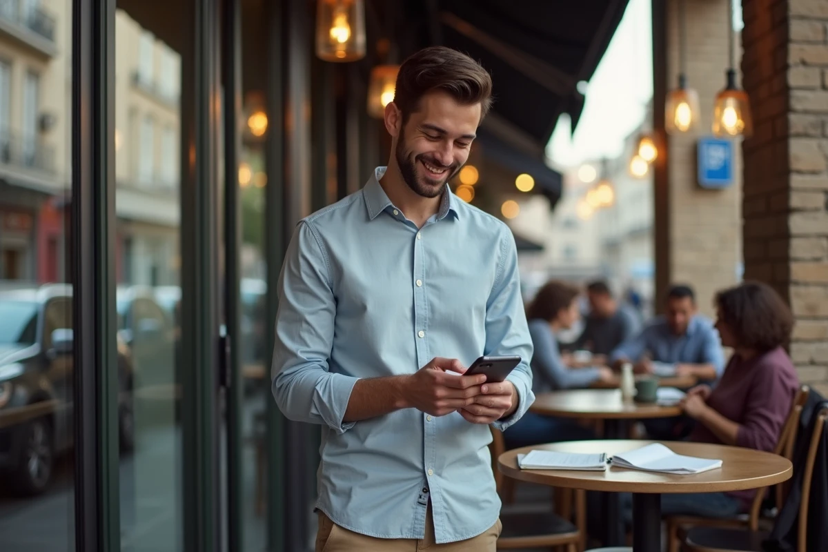 Homme français au café consultant ses finances sur smartphone