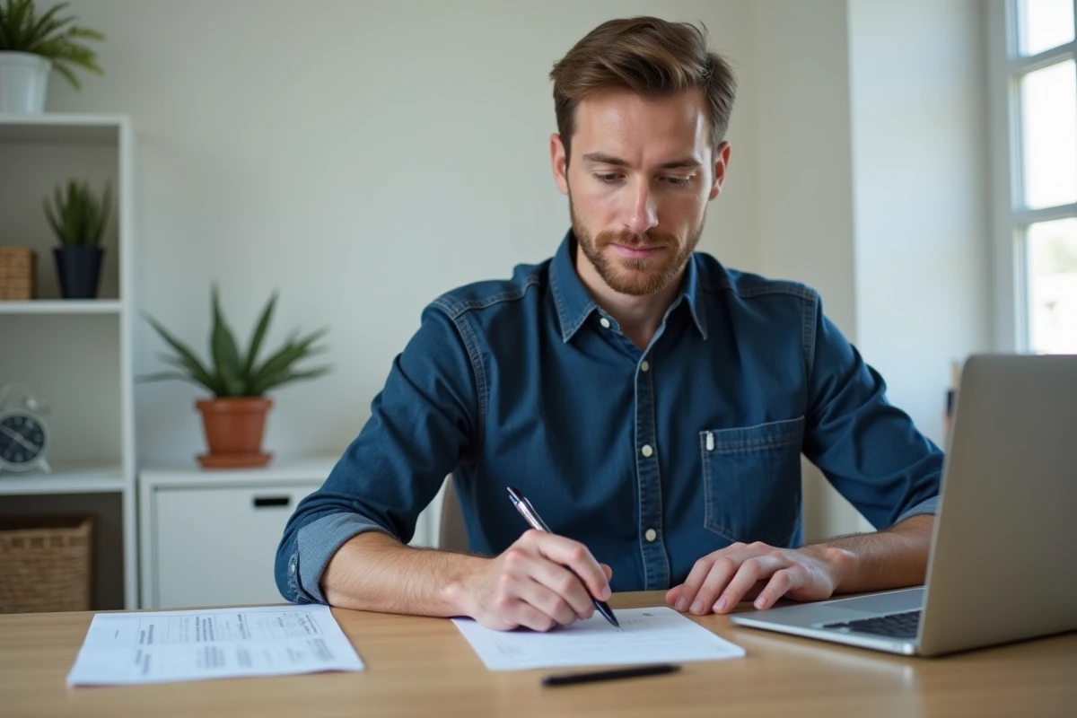 Homme consultant une calculatrice de moyenne générale sur ordinateur portable dans un bureau minimaliste à domicile