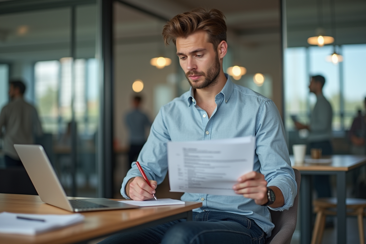 Jeune homme professionnel prenant des notes sur son CV au bureau