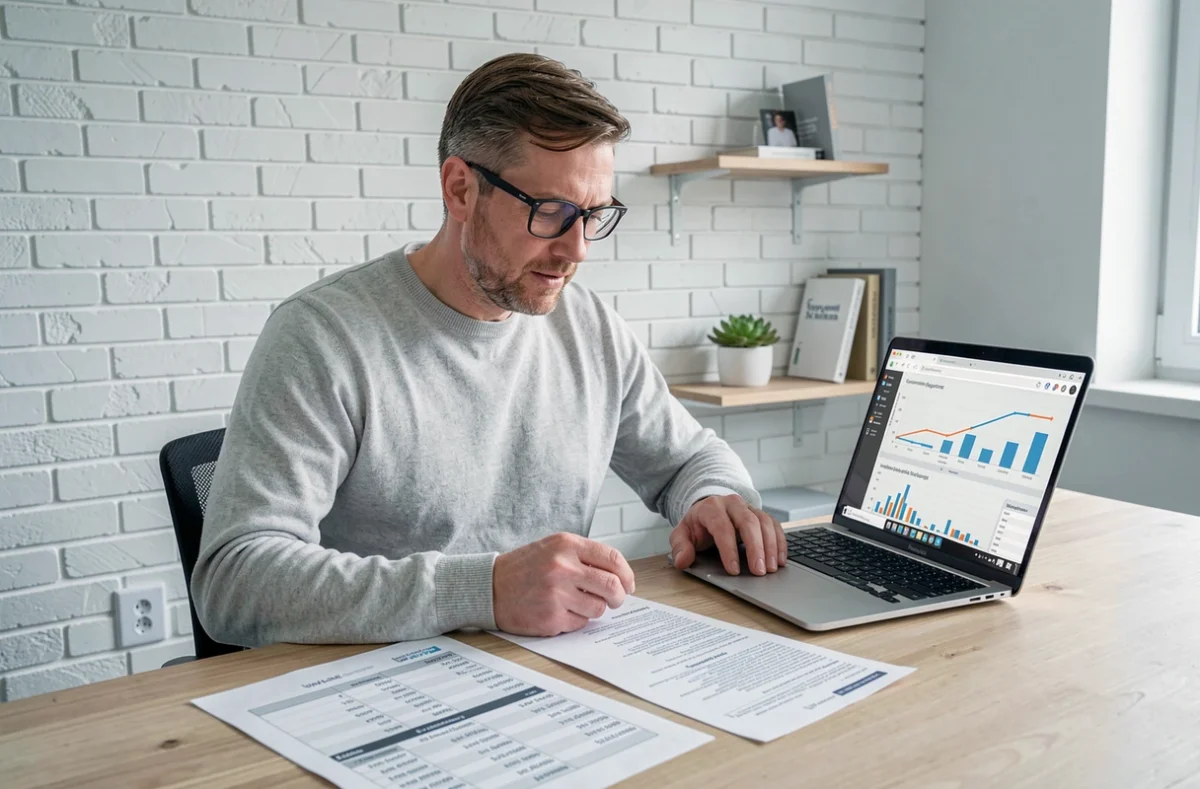 Homme en télétravail comparant les tarifs d'un logiciel emailing selon la taille de sa liste de contacts