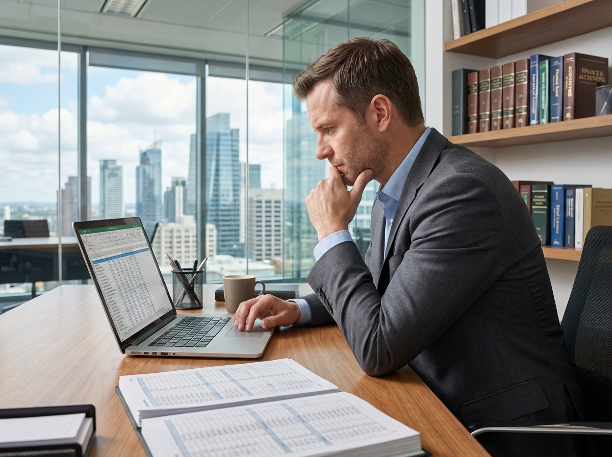 Homme daffaires en costume examine des feuilles de calcul