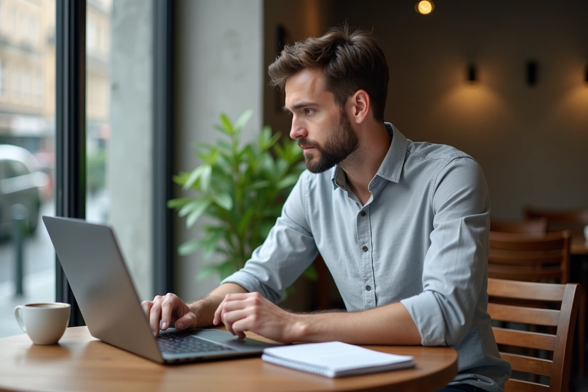 Jeune homme travaillant sur son CV suisse et sa lettre de motivation sur un ordinateur portable dans un café contemporain