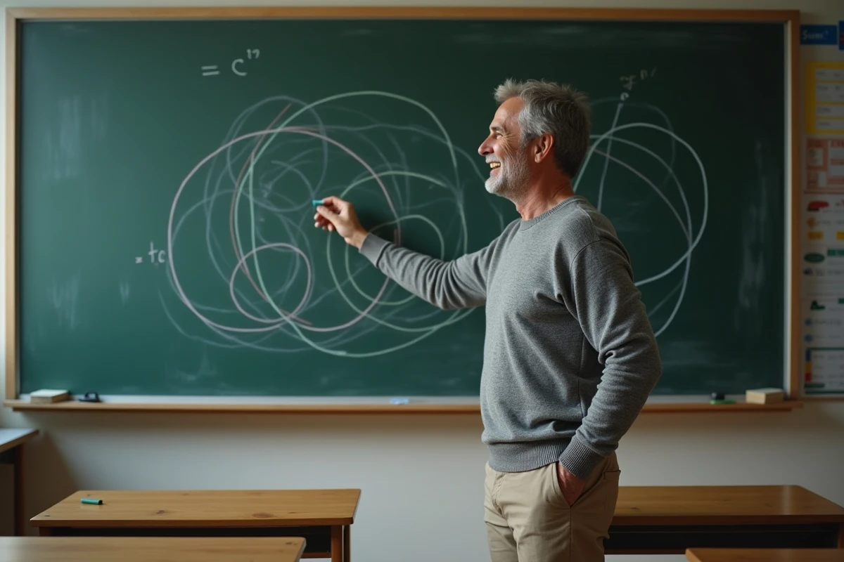 Homme expliquant la probabilite conditionnelle avec un tableau noir