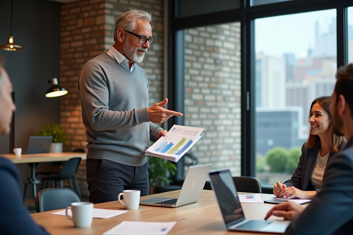 Homme en discussion avec collègues dans un espace de travail