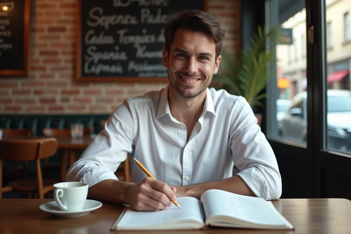 Homme adulte étudiant les erreurs fréquentes des verbes avoir en espagnol dans un café