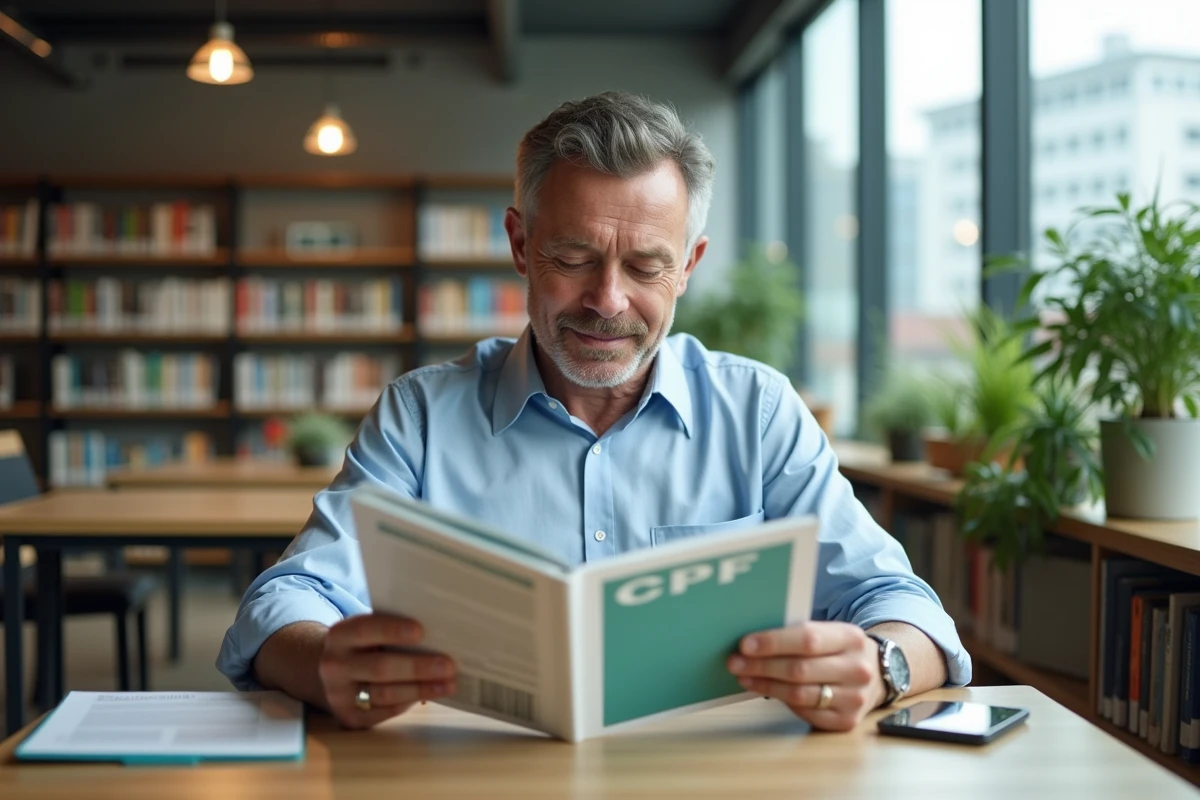 Homme lisant un brochure CPF dans une bibliothèque lumineuse