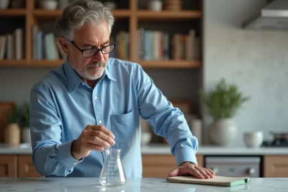 Homme mesurant un cylindre en acrylique dans une cuisine moderne