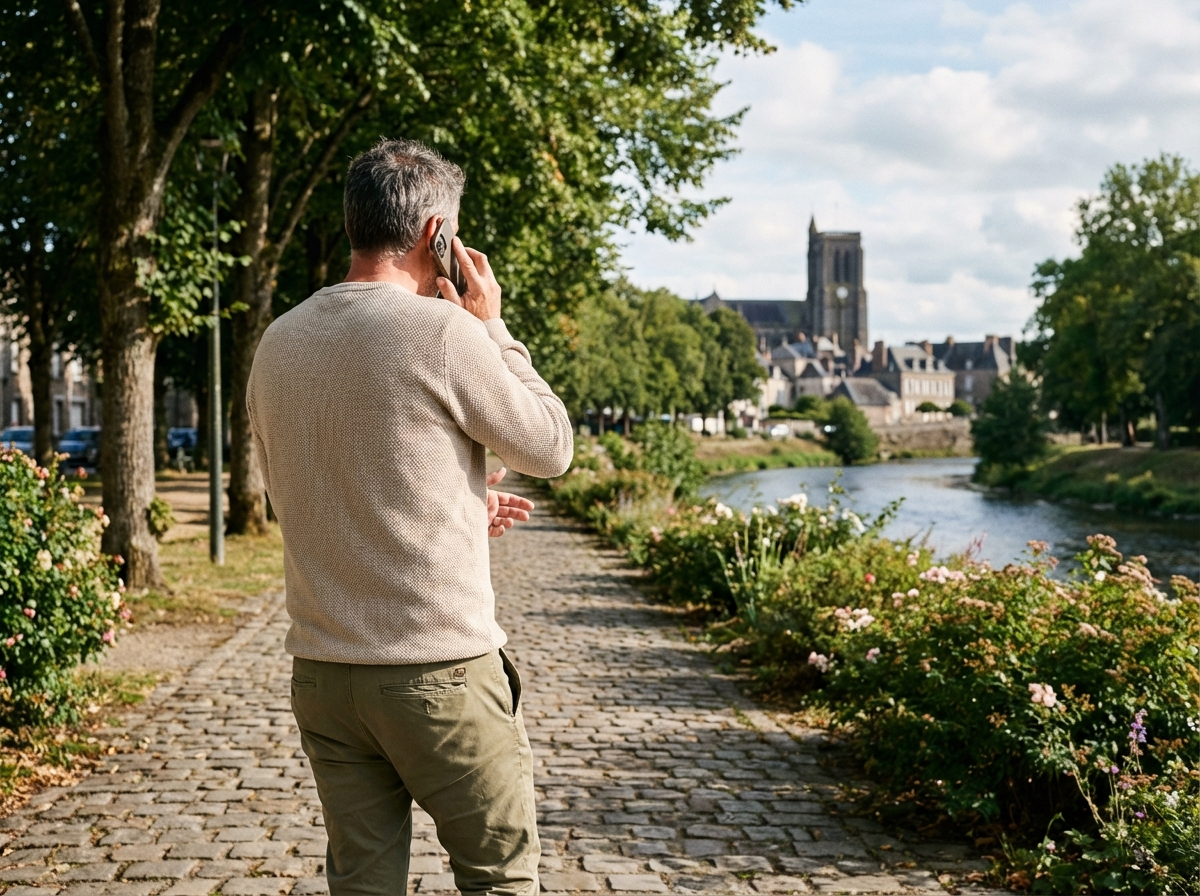 Homme marchant dans un parc au bord de la rivière à Avranches