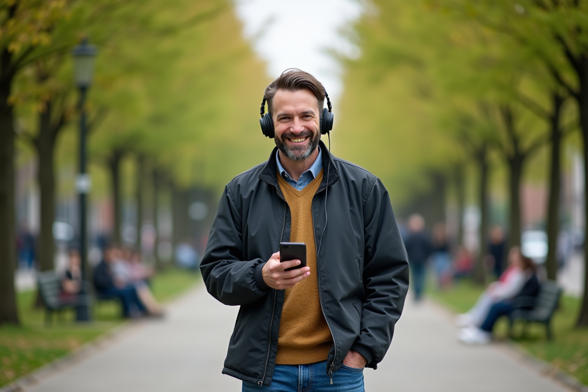 Homme dans un parc urbain écoute un podcast de langues
