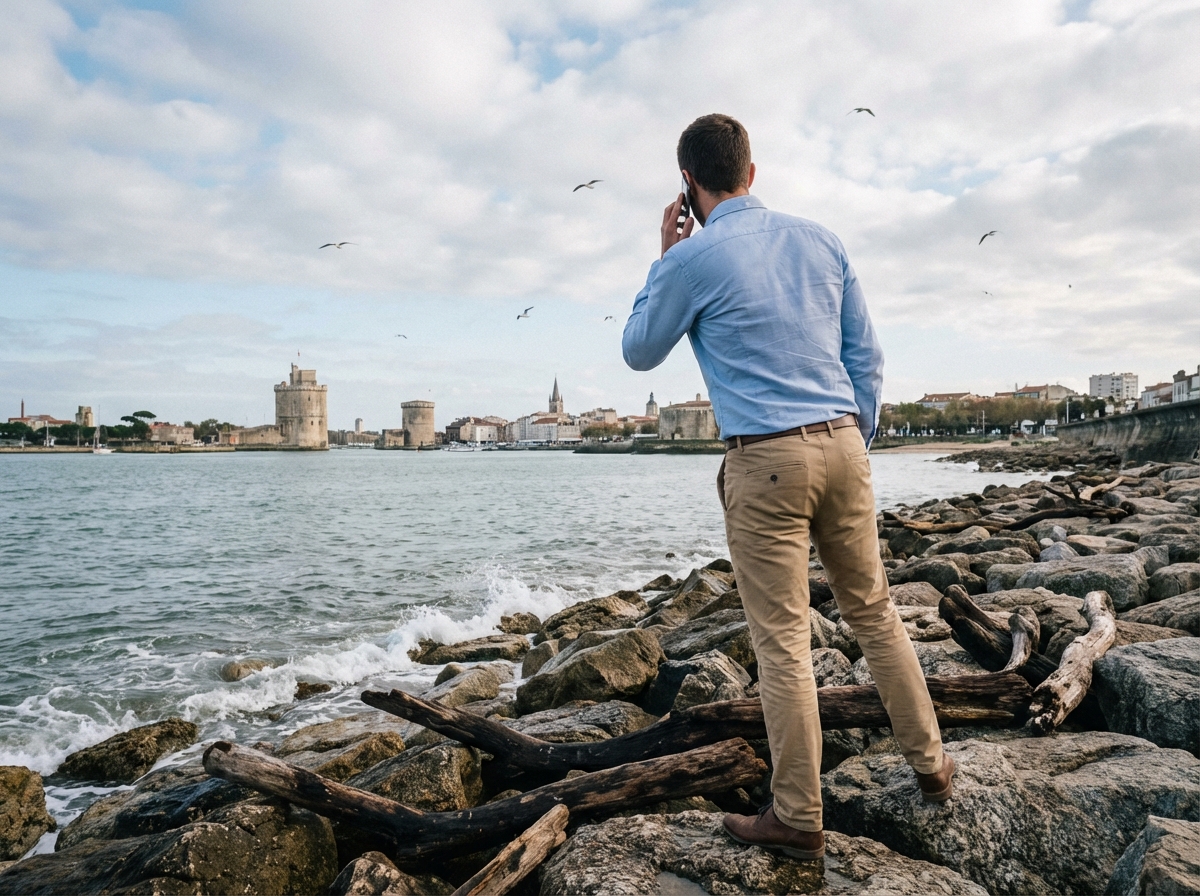 Homme au bord de la mer à La Rochelle parlant au téléphone