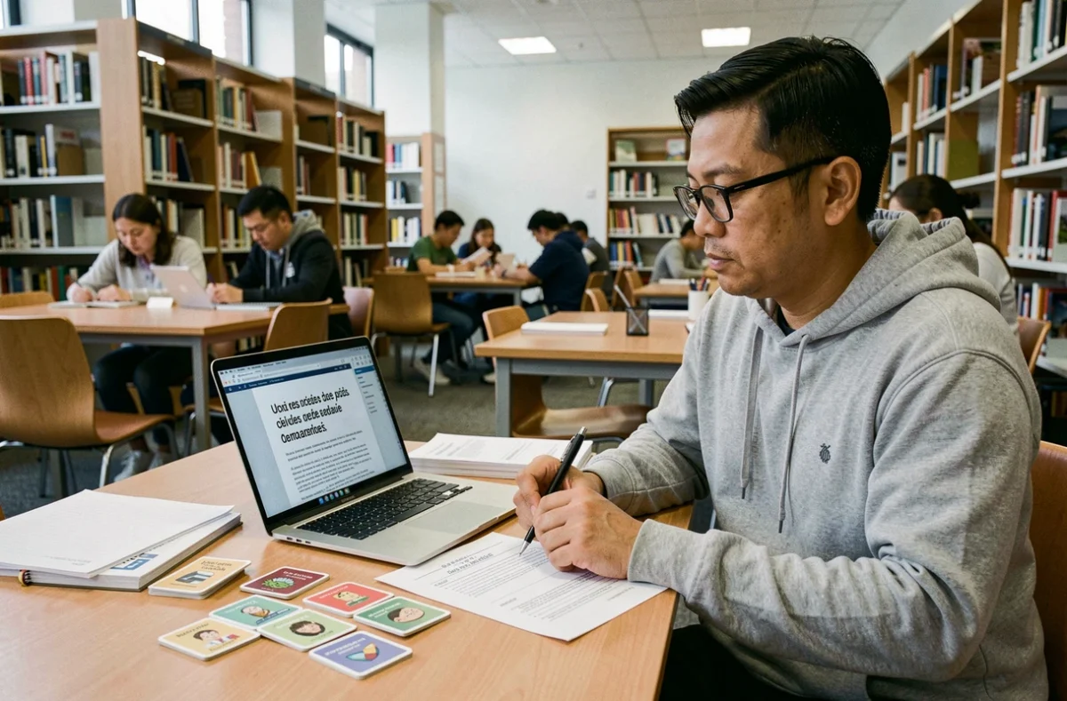 Homme préparant sa naturalisation française en bibliothèque avec fiches et PDF sur ordinateur portable