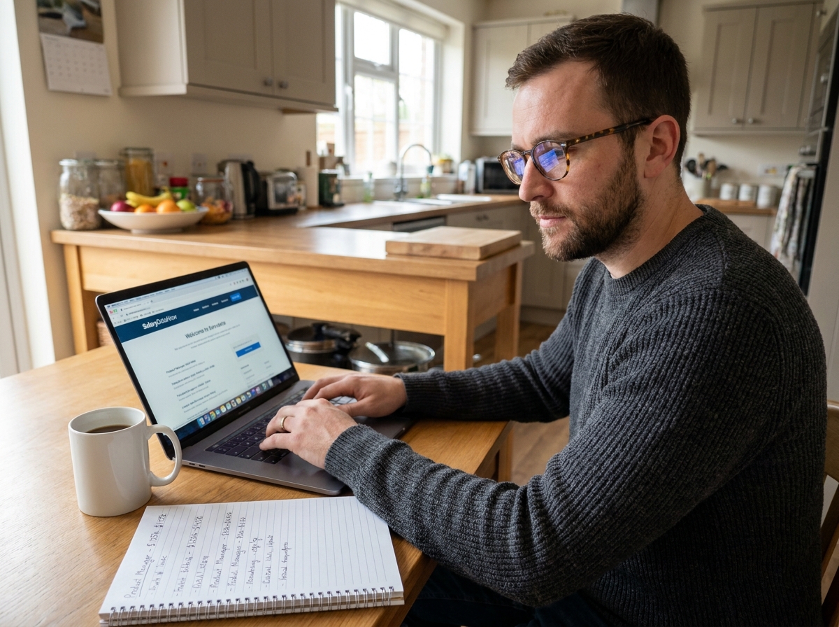 Homme consultant un site de référence des salaires par métier depuis son domicile avec un ordinateur portable