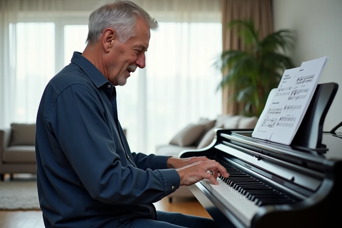 Homme senior apprenant le piano numérique avec un tutoriel en ligne sur tablette dans un salon moderne
