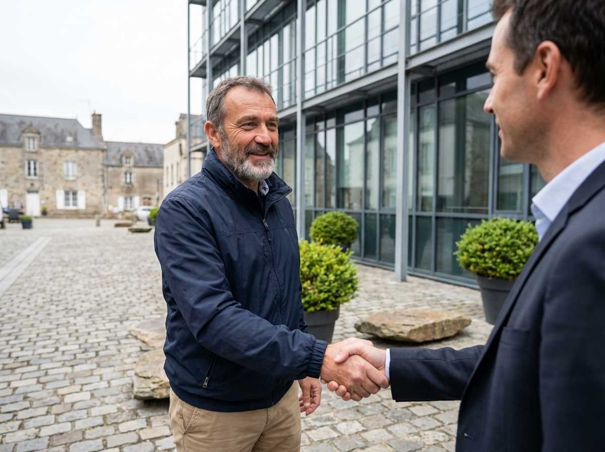 Homme souriant serrant la main d’un employeur devant un bâtiment à Challans