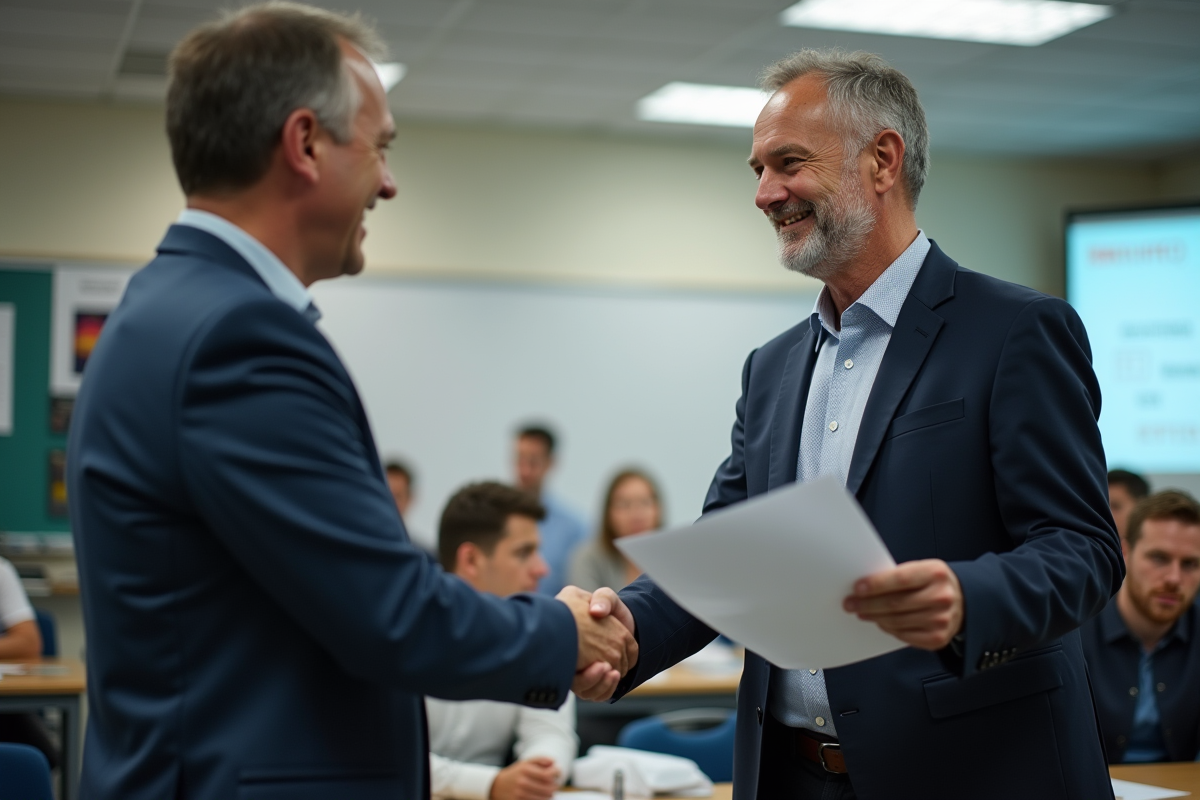 Homme souriant serrant la main d’un formateur