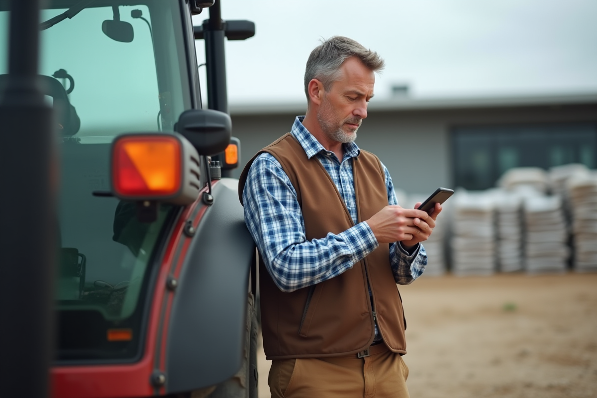 Homme vérifiant des commandes près d’un tracteur en extérieur