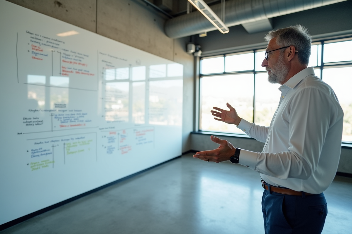 Homme expliquant un diagramme sur un tableau blanc en salle de formation