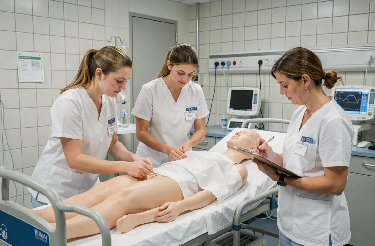 Étudiantes en soins infirmiers pratiquant sur un mannequin de simulation au sein de l'IFPS Tours rattaché au CHRU de Tours