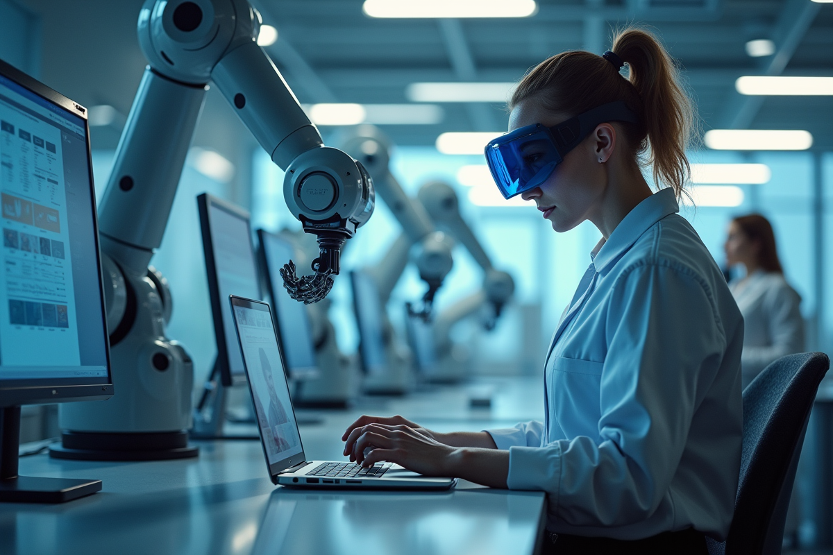Ingénieur en robotique utilisant des machines avancées dans un laboratoire futuriste