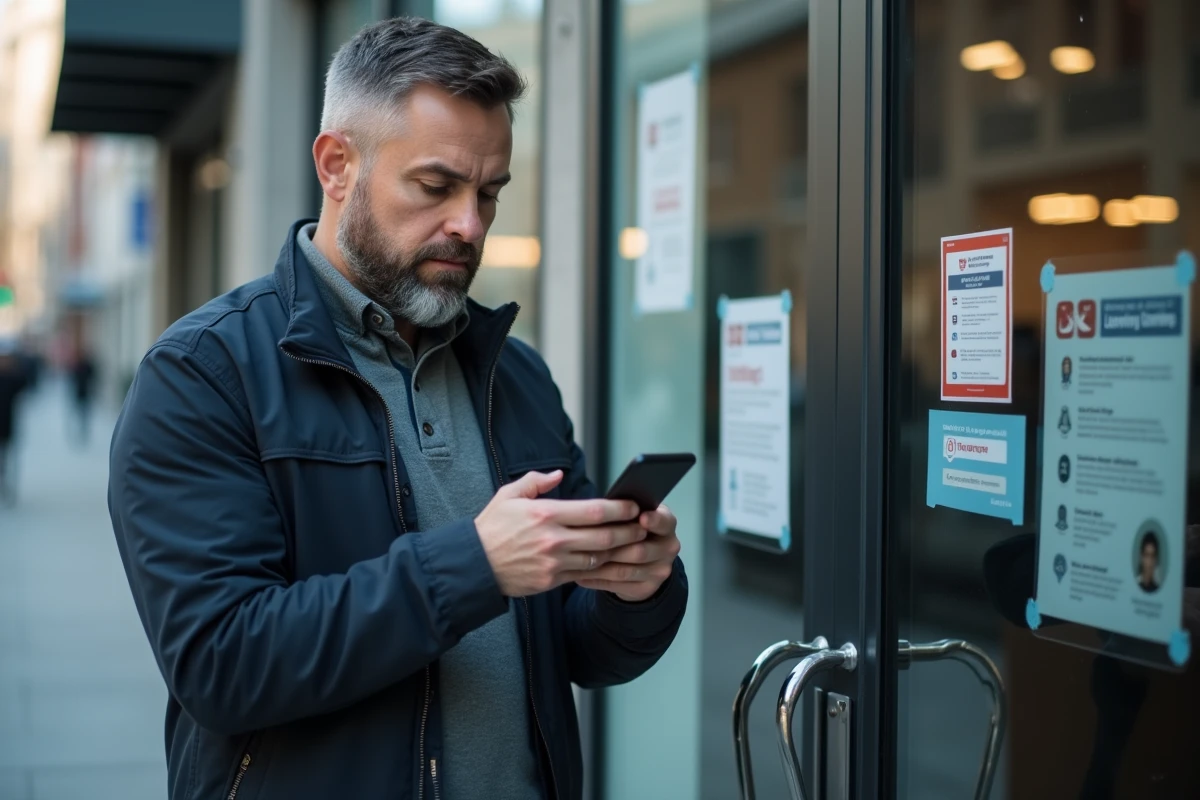 Homme consultant son smartphone pour s'inscrire à une formation CPF devant un centre d'apprentissage urbain