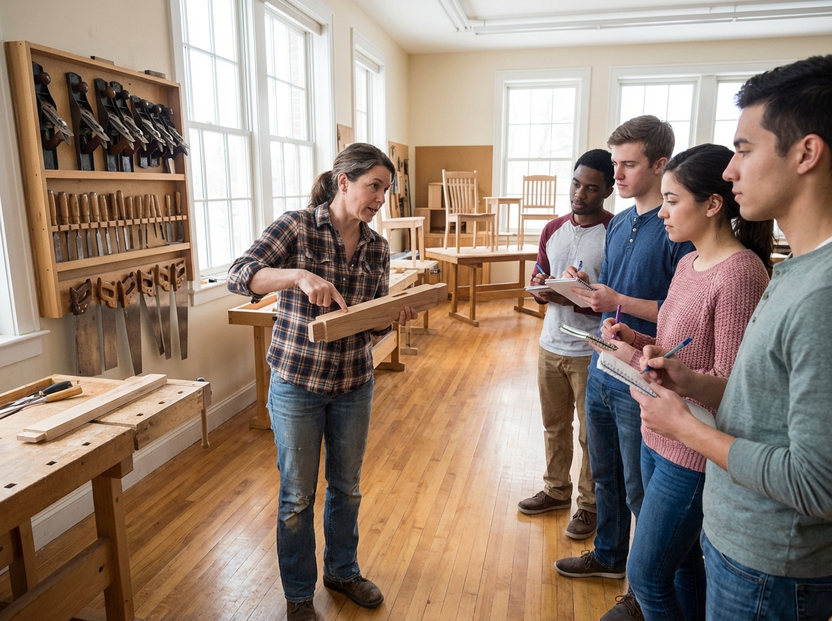 Instructrice expliquant une technique de menuiserie à des étudiants