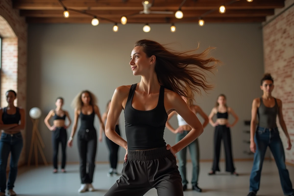 Instructrice de zouk démontrant un mouvement de tête à des élèves adultes dans un studio de danse urbain