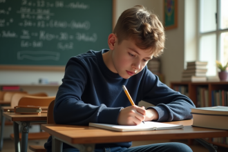Jeune garçon concentré en classe avec cahier et tableau