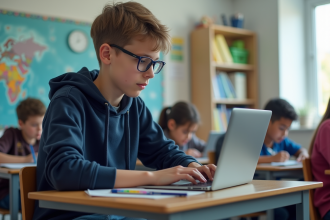 Jeune garçon avec ordinateur dans une classe lumineuse