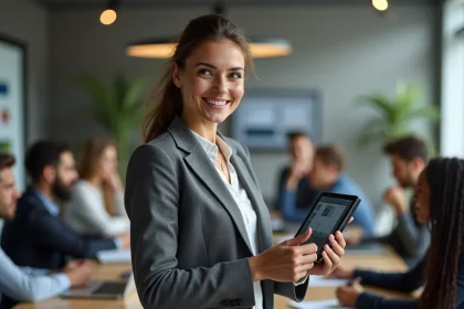 Jeune entrepreneure présentant un prototype digital en réunion