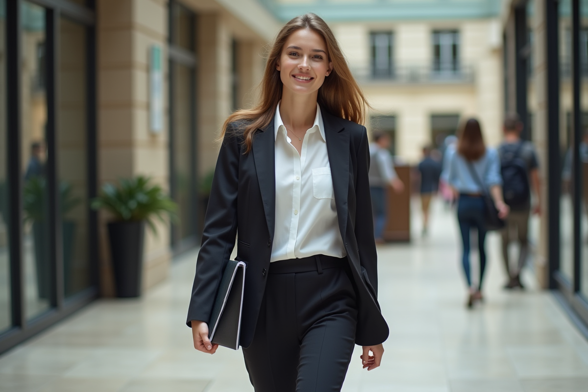 Jeune femme d affaires marchant dans un hall moderne