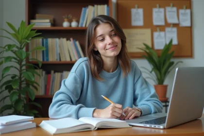 Jeune femme étudie l'espagnol dans un bureau cosy