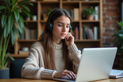 Jeune femme concentrée avec casque et ordinateur pour apprendre l'anglais