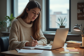 Jeune femme concentrée à son bureau pour apprendre des langues