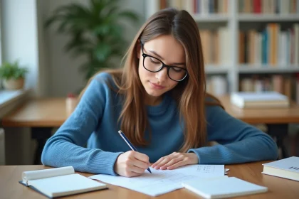 Jeune femme en étude concentrée avec livres et grammaire française
