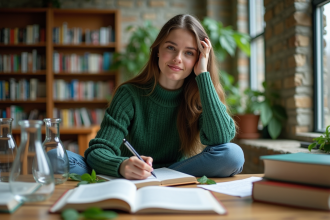 Jeune femme en étude de biologie dans une bibliothèque moderne