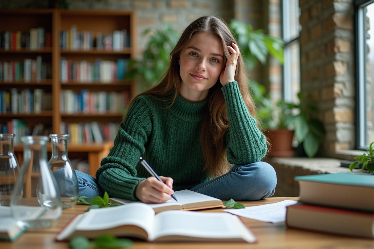 Jeune femme en étude de biologie dans une bibliothèque moderne