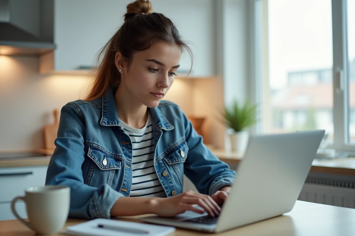 Jeune femme concentrée sur son ordinateur dans une cuisine moderne