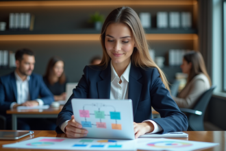 Jeune femme en bureau avec organigrammes colorés