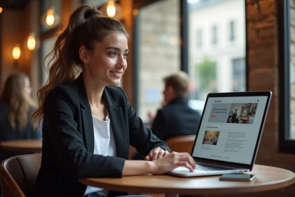 Jeune femme au café à Paris avec ordinateur et portfolio